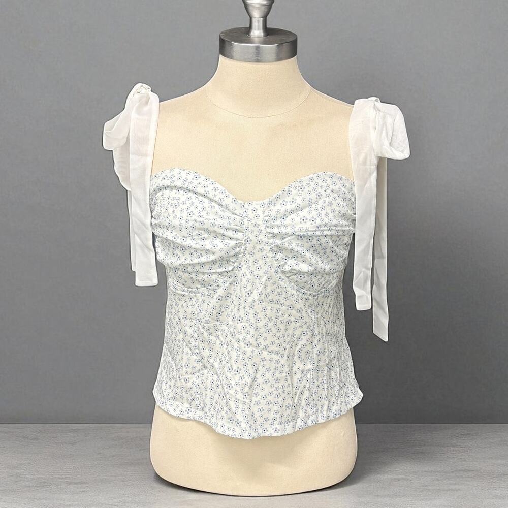 Hello Molly Women's White Blue Floral Tie Shoulder I Love It Crop‎ Top M/L